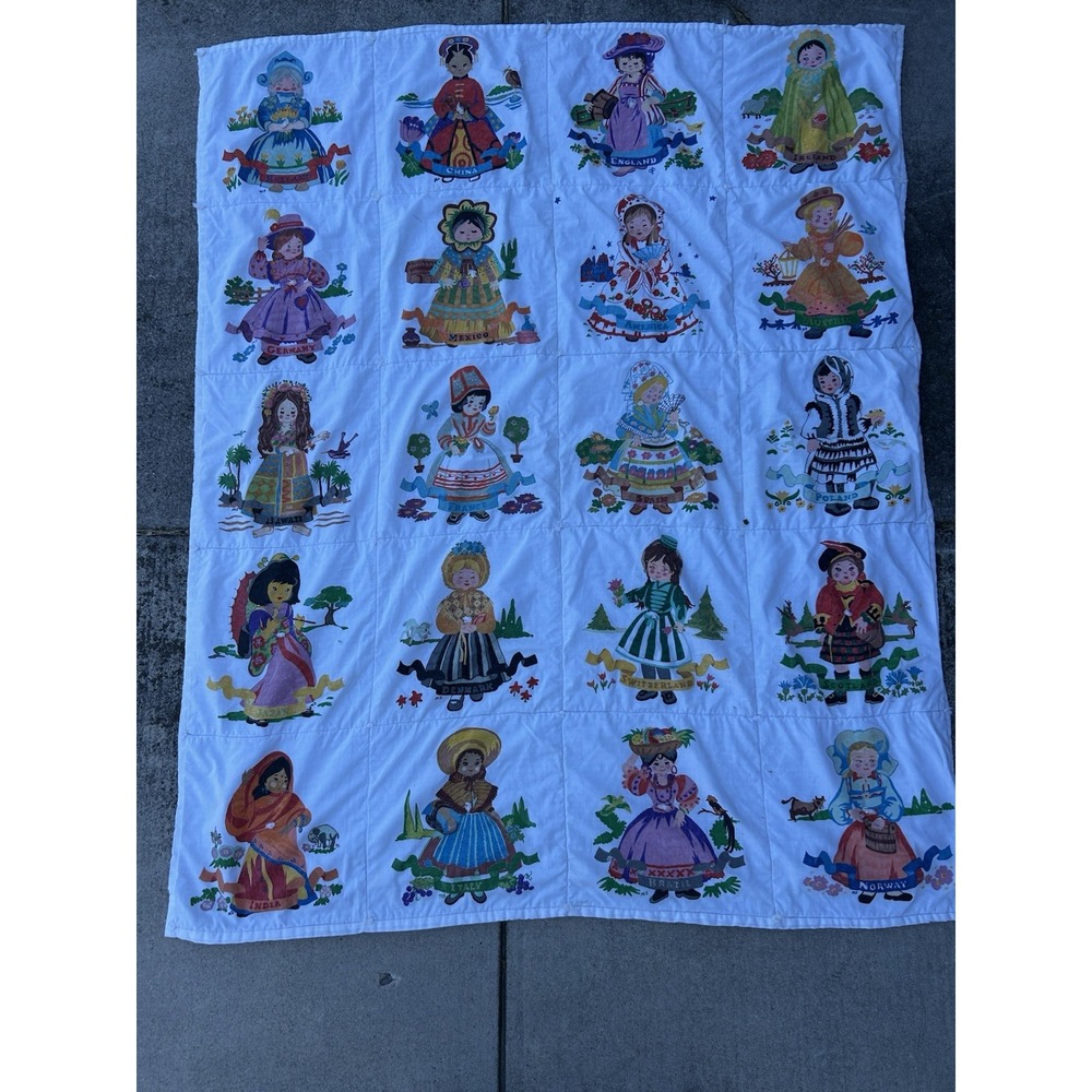 Dolls Of Many Nations Quilt 60"x 50" 1960 Liquid Embroidery Unique No Damage